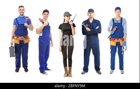 Arbeiter verschiedener Berufe auf weißem Hintergrund Stockfoto