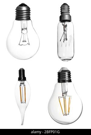Set mit verschiedenen Glühlampen für Lampen auf weißem Hintergrund Stockfoto