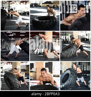 Set mit jungen muskulösen Mann Training mit schweren Reifen im Fitnessstudio Stockfoto