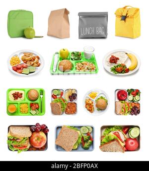 Set von Lebensmitteln für die Schule Mittagessen auf weißem Hintergrund Stockfoto