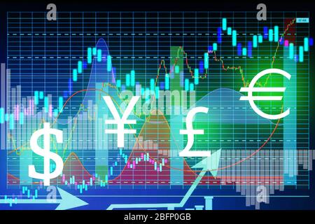 Börsengrafiken mit Währungssymbolen auf farbigem Hintergrund. Konzept des Finanzhandels Stockfoto