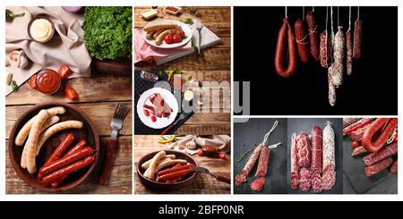 Set mit verschiedenen Arten von leckeren Würstchen Stockfoto