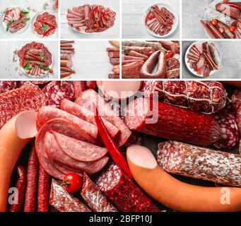 Set mit verschiedenen Arten von leckeren Würstchen Stockfoto