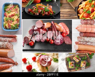 Set mit verschiedenen Arten von leckeren Würstchen Stockfoto