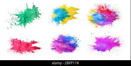 Set von Wasserfarben auf weißem Hintergrund. Feier des Holi-Festivals Stockfoto
