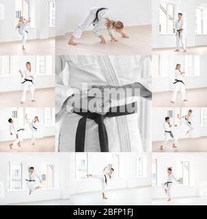 Set mit Menschen Karate in Dojo üben Stockfoto