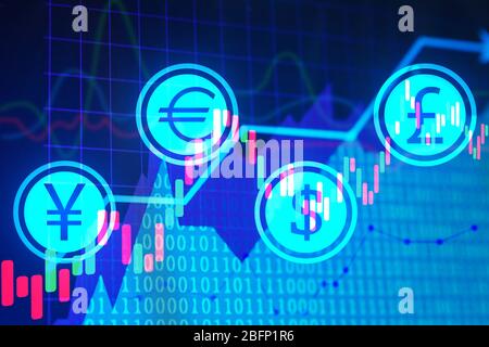 Börsengrafiken mit Währungssymbolen auf farbigem Hintergrund. Konzept des Finanzhandels Stockfoto