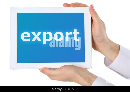Hände halten Tablet-PC mit Text Export auf blauem Bildschirm, isoliert auf weiß Stockfoto
