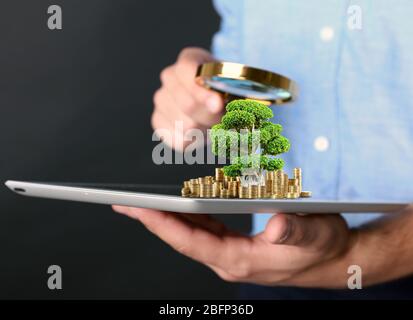 Männliche Hand hält Lupe und Tablette mit grünen Baum und Münzen Stockfoto