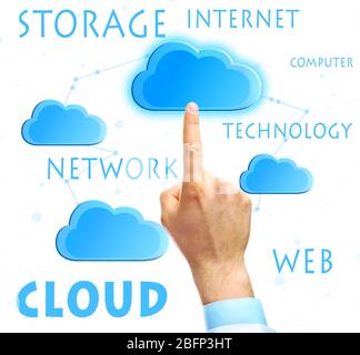 Hand-Push auf virtuelle Cloud. Cloud-Storage-Konzept Stockfoto