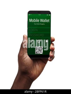 Männliche Hand hält Smartphone mit Handy-Wallet-Anwendung auf dem Bildschirm. E-Commerce-Konzept. Stockfoto