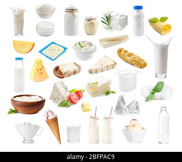 Verschiedene Arten von Milchprodukten auf weißem Hintergrund. Collage aus Milchprodukten. Stockfoto