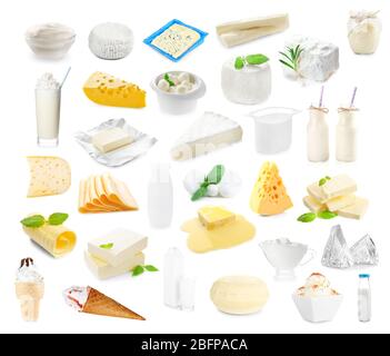 Verschiedene Arten von Milchprodukten auf weißem Hintergrund. Collage aus Milchprodukten. Stockfoto