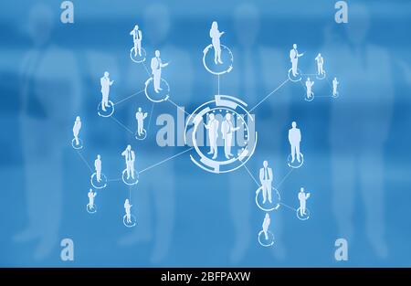 Business-Menschen Silhouetten und Social Network-Verbindung auf abstrakten Hintergrund. Modernes Business-Technologie-Konzept. Stockfoto