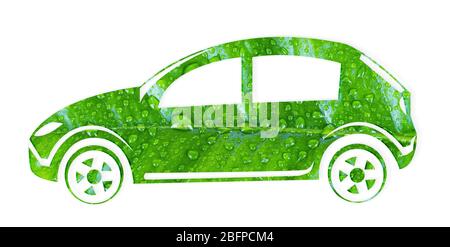 Auto Silhouette aus grünen Blatt auf weißem Hintergrund. Eco-Fahrzeugkonzept. Stockfoto