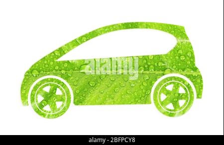 Auto Silhouette aus grünen Blatt auf weißem Hintergrund. Eco-Fahrzeugkonzept. Stockfoto