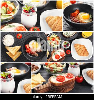 Collage aus köstlichen Speisen als Hintergrund. Ideen für Nährstoff-Frühstück Stockfoto