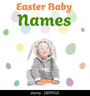 Konzept der Wahl Ostern Baby Namen. Kleines Kind im Hasen Kostüm mit Karotte auf weißem Hintergrund Stockfoto
