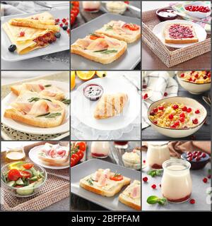 Collage aus köstlichen Speisen als Hintergrund. Ideen für Nährstoff-Frühstück Stockfoto