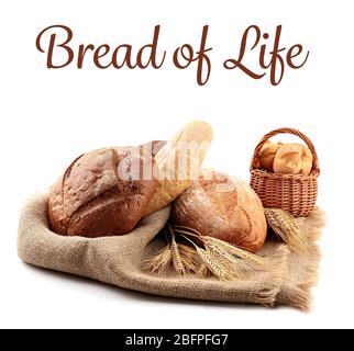 Auswahl an Brot und Text auf weißem Hintergrund Stockfoto