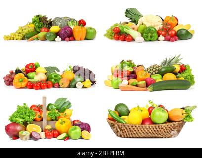 Collage aus Gemüse und Obst auf weißem Hintergrund Stockfoto