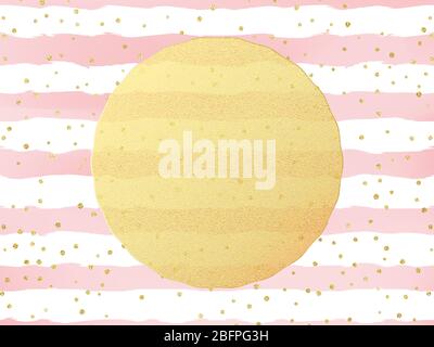 Grußkartenvorlage. Goldene Glitzerfolie Punkte Konfetti auf gestreiften weißen und rosa Aquarell Hintergrund. EPS 10 Stock Vektor