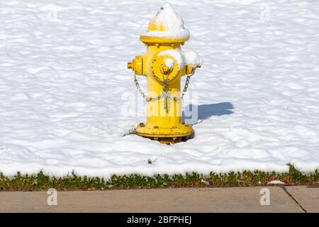 Ein gelber Hydrant im Schnee Stockfoto