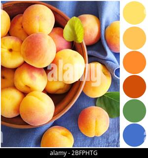Farbanpassung. Leckere Aprikosen in Schale auf Serviette Stockfoto