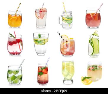 Verschiedene Getränke in Gläsern auf weißem Hintergrund. Ideen für sommerliche Cocktails Stockfoto