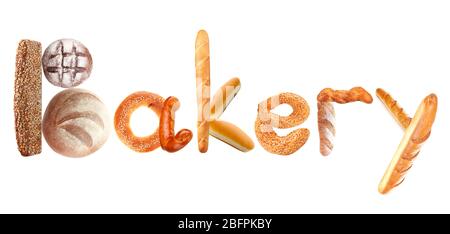 Word BÄCKEREI aus frischem Brot auf weißem Hintergrund Stockfoto