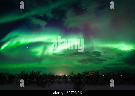 Aurora Borealis oder Nordlichter mit grün und rosa Sternen im Süden Islands Stockfoto