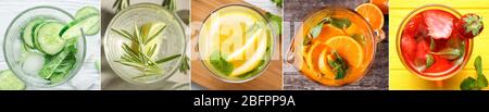 Collage mit verschiedenen Arten von Limonade in Glaswaren Stockfoto