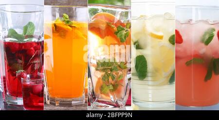 Collage mit verschiedenen Arten von Limonade in Glaswaren, Nahaufnahme Stockfoto