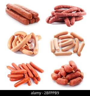 Verschiedene Arten von Würstchen auf weißem Hintergrund Stockfoto