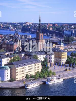 Luftaufnahme von Gamla Stan (Altstadt) vom Rathaus, Stadsholmen, Stockholm, Königreich Schweden Stockfoto