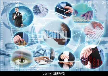 Multimedia-Konzept im Internet. Menschen, die mit verschiedenen Geräten arbeiten, die mit einem globalen Netzwerk verbunden sind, und unscharfer Hintergrund Stockfoto