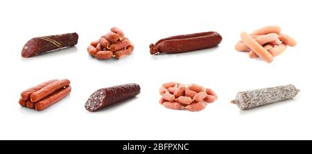 Verschiedene Würste auf weißem Hintergrund Stockfoto