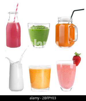 Verschiedene Protein-Shakes in Glaswaren auf weißem Hintergrund Stockfoto