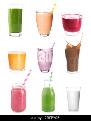 Verschiedene Protein-Shakes in Glaswaren auf weißem Hintergrund Stockfoto