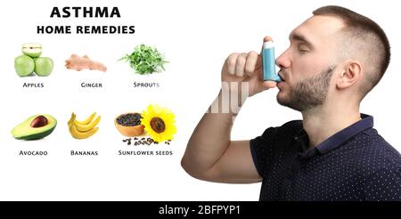 Collage mit Asthma Hausmittel und junger Mann mit Inhalator auf weißem Hintergrund Stockfoto