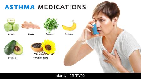 Collage mit Asthmamedikamenten und reifer Frau, die Inhalator auf weißem Hintergrund verwendet Stockfoto