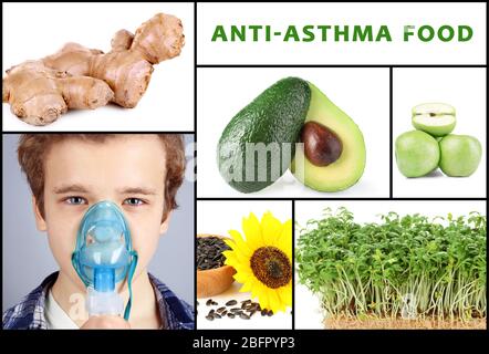 Collage mit Anti-Asthma-Essen und Junge mit Vernebler Stockfoto