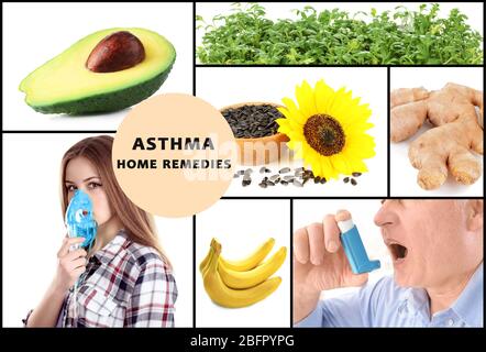 Collage mit Asthma Hausmittel und Menschen Stockfoto