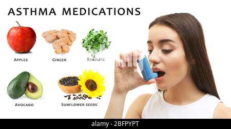 Collage mit Asthmamedikamenten und junge Frau, die Inhalator auf weißem Hintergrund verwendet Stockfoto