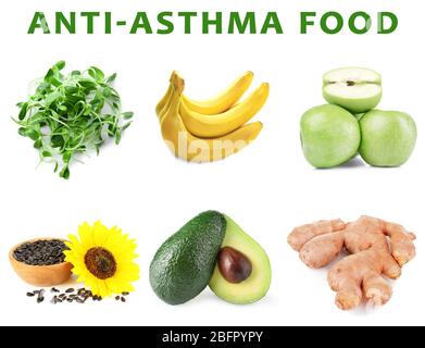 Collage mit Anti-Asthma-Lebensmitteln auf weißem Hintergrund Stockfoto