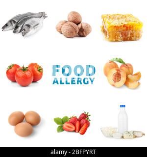 Set von verschiedenen Lebensmitteln, die Allergie auf weißem Hintergrund verursachen Stockfoto