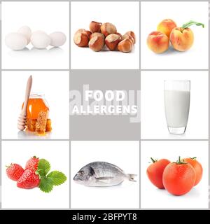 Set von verschiedenen Lebensmitteln, die Allergie auf weißem Hintergrund verursachen Stockfoto