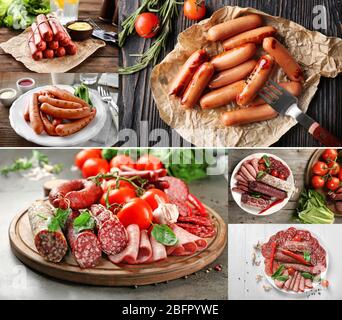 Collage mit verschiedenen Wurstsorten Stockfoto