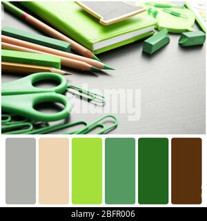 Farbpalette und grüne Büroartikel auf Holzhintergrund Stockfoto