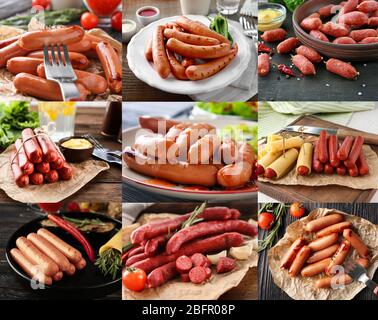 Collage mit verschiedenen Wurstsorten Stockfoto